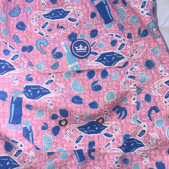 Peter Millar Crab Pattern Swim Trunks Board Shorts Pink Seaside Blue Size Large - Picture 9 of 11
